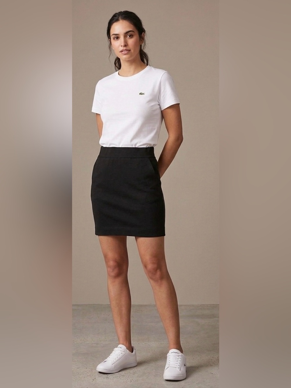 Lacoste Womens Black Stretch Cotton Fitted Mini Skirt Elastic Waist no pockets